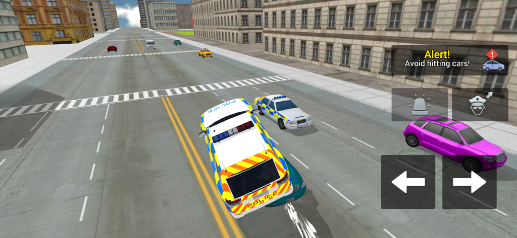 Police Car Driving: Crime City - Gameplay eines Polizeiautos, das in einem Simulationsspiel durch eine Stadtstraße fährt