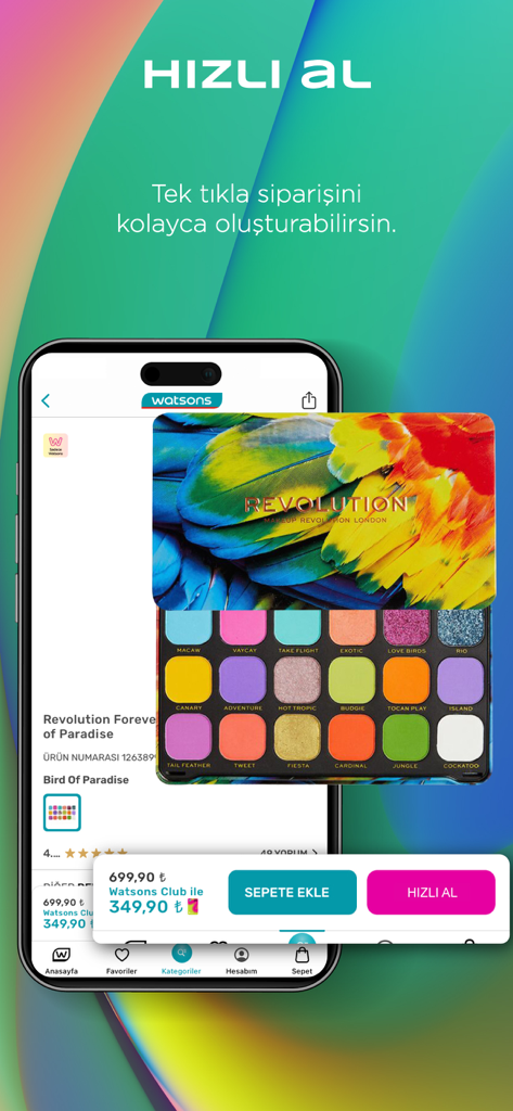 Watsons App-Produktseite, die eine Revolution Lidschattenpalette mit einer Schnellkaufoption und einem Clubmitglied-Rabatt zeigt