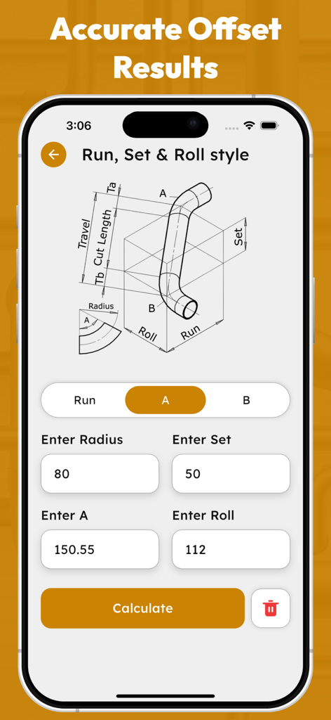 Offset Pipe Calculator mobile app showing a technical diagram and input fields for run set and roll pipe measurements