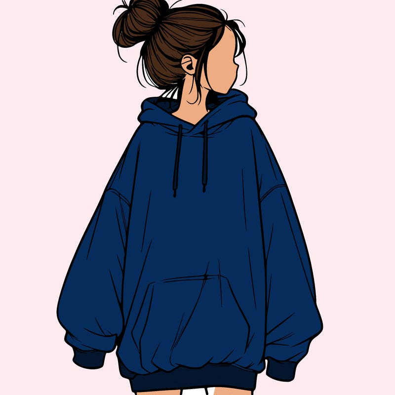 realistic girl with a oversized sweatshirt on and a bun