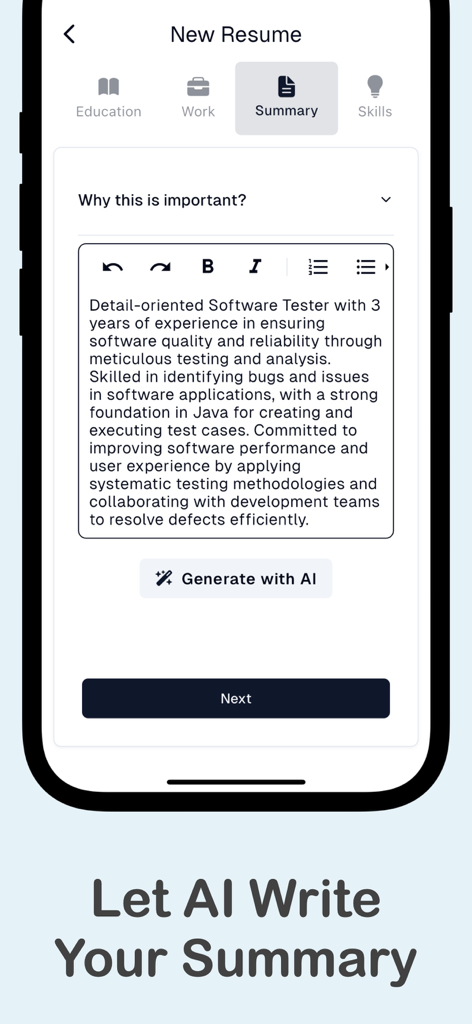 Mobile App-Bildschirm, der eine professionelle Zusammenfassung für einen Softwaretester mit einer Schaltfläche zur Generierung mit KI zeigt.