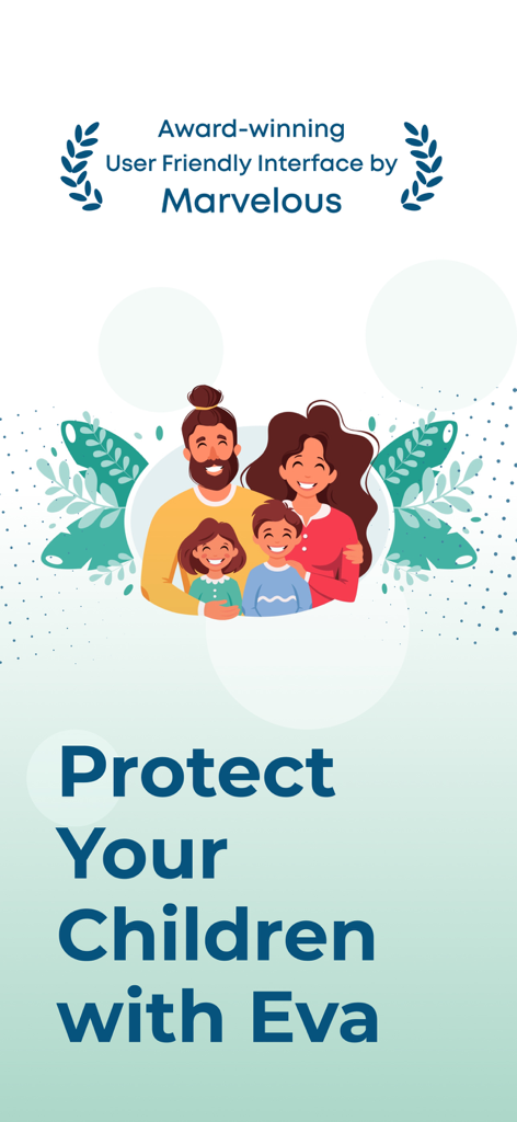 Eva: WA Family Online Tracker - Ilustração de família feliz com o texto Proteja Seus Filhos com Eva e um prêmio por interface amigável
