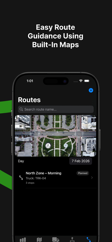 Maps 4u - Maps 4u app interface showing planned truck routes and aerial map guidance for waste collection.