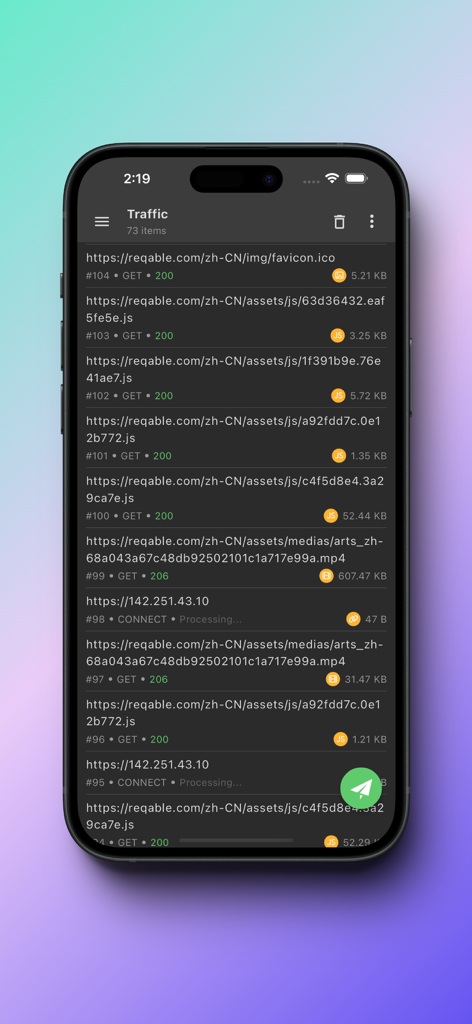 Reqable - Interfaccia dell'app Reqable che mostra un elenco dettagliato delle richieste di traffico di rete HTTP e HTTPS catturate su un iPhone