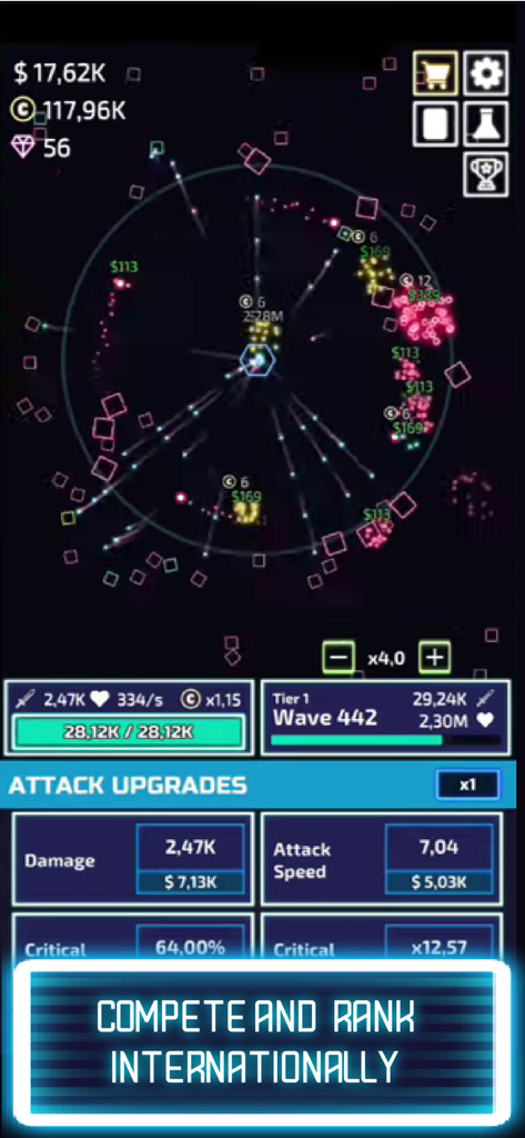 Schermata di gameplay di The Tower Idle Tower Defense che mostra la difesa delle ondate e il menu di potenziamento degli attacchi