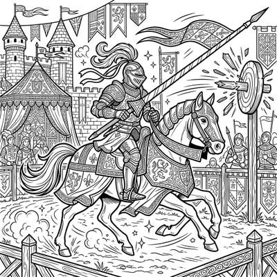 Step back in time to the heart of a medieval tournament with this action-packed jousting knight coloring page. Designed with teens in mind, its detailed composition offers an exciting challenge to bring a thrilling moment to vibrant life.