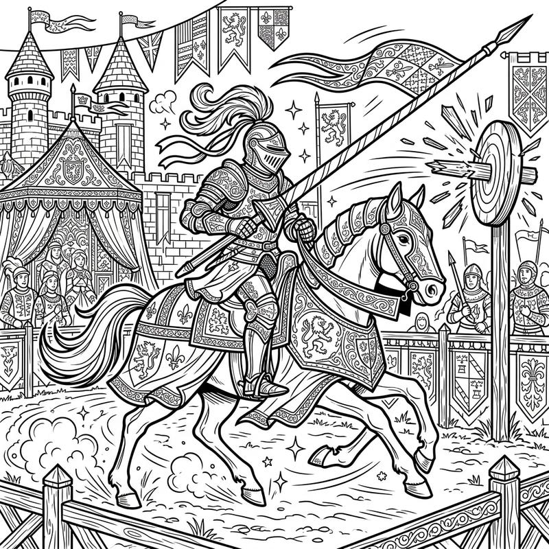 Step back in time to the heart of a medieval tournament with this action-packed jousting knight coloring page. Designed with teens in mind, its detailed composition offers an exciting challenge to bring a thrilling moment to vibrant life.