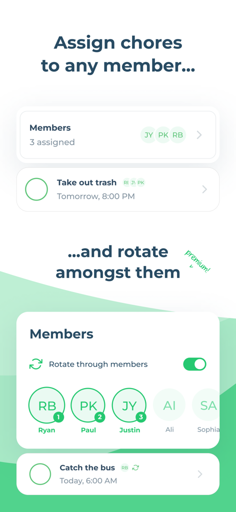 Interfaz de la app Chap que muestra cómo asignar y rotar tareas del hogar entre diferentes miembros.