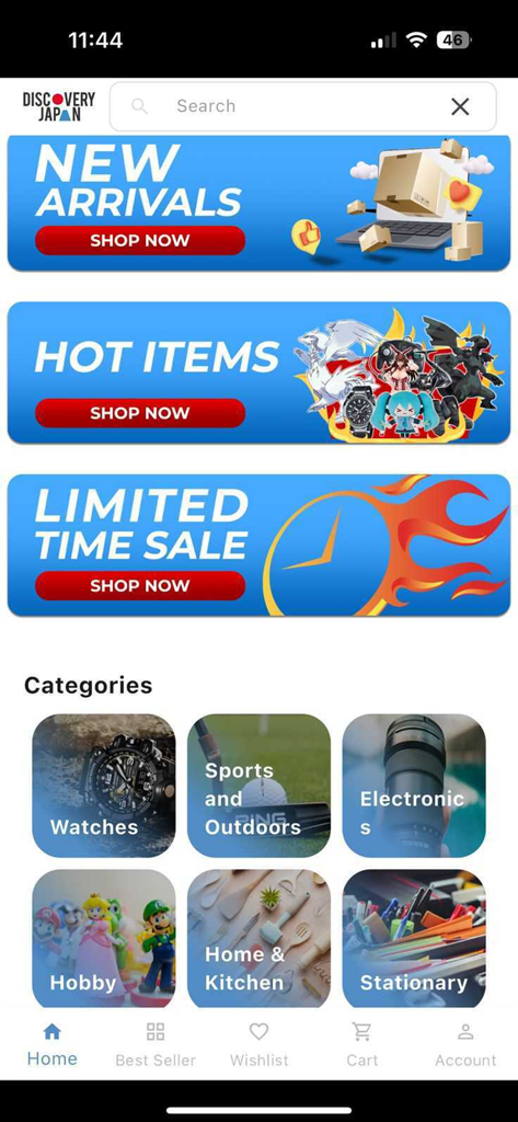 Discovery Japan Mall - Home screen of Discovery Japan Mall app featuring shopping banners and product categories