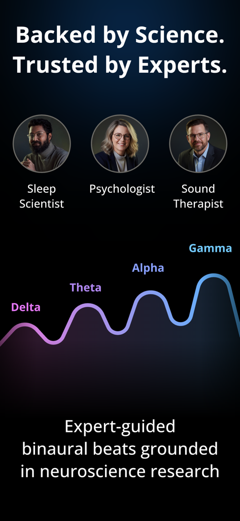 Binaural Beats Healing Sleep - Screenshot showing the app is backed by a sleep scientist psychologist and sound therapist featuring brainwave types like Delta Theta and Alpha