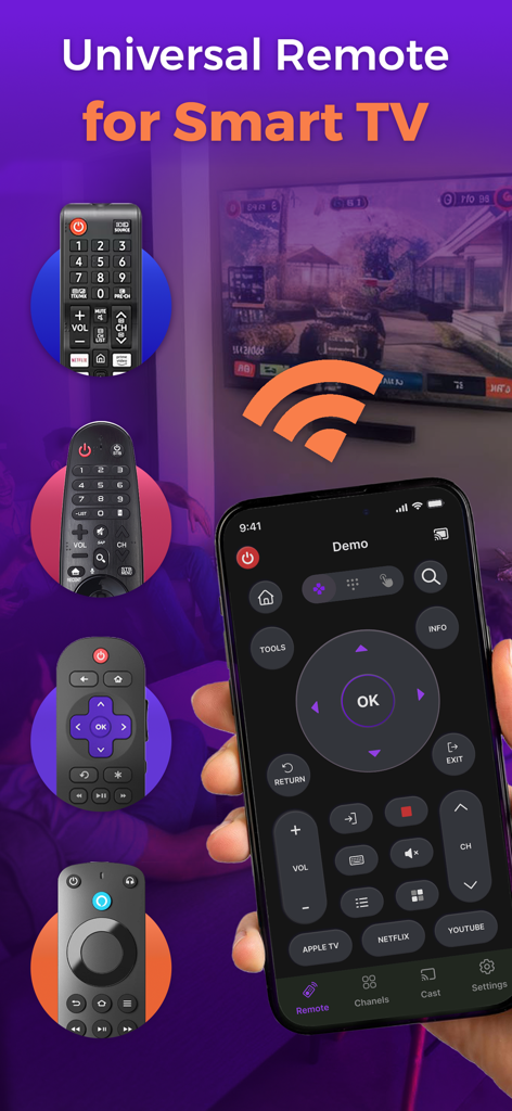 Remote TV: TV Controller - Una mano sosteniendo un iPhone que muestra la interfaz de una aplicación de control remoto de Smart TV con botones de acceso directo para Netflix y YouTube
