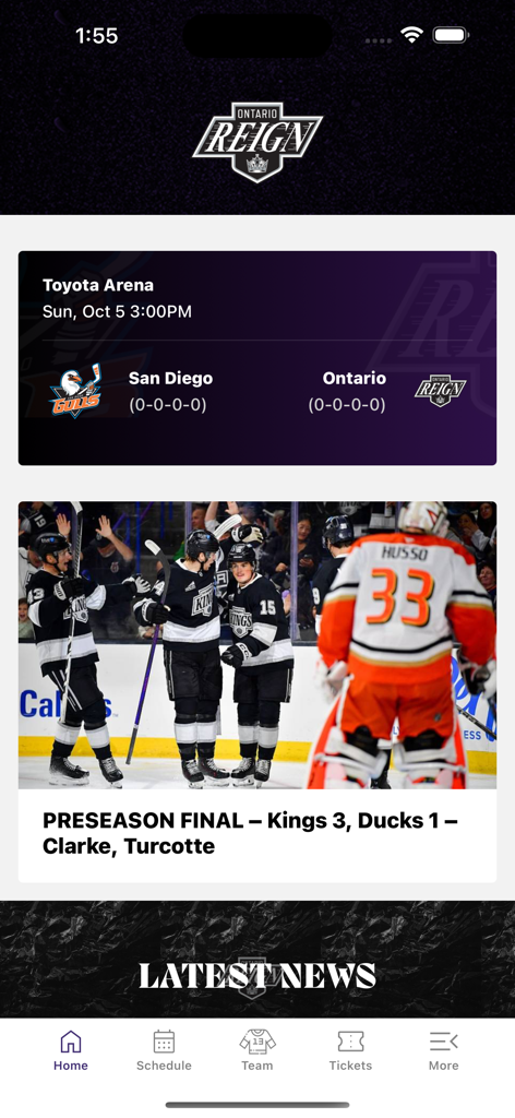 Ontario Reign - Ontario Reign official app home screen featuring game schedule and latest team news
