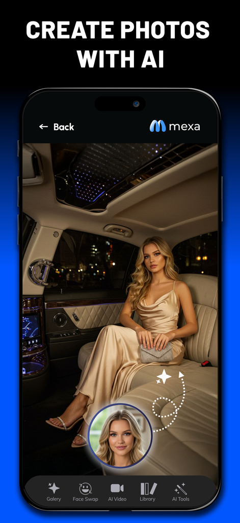 Mexa - Photo & Video with AI - Mexa app interface demonstrating AI photo creation and face swap features