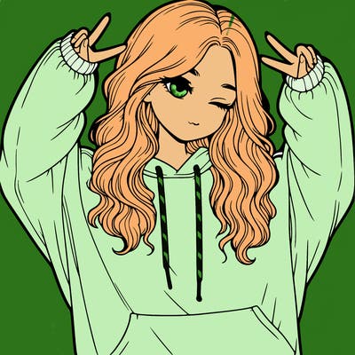 a realistic girl with wavy hair in an oversized sweatshirt doing the ✌️