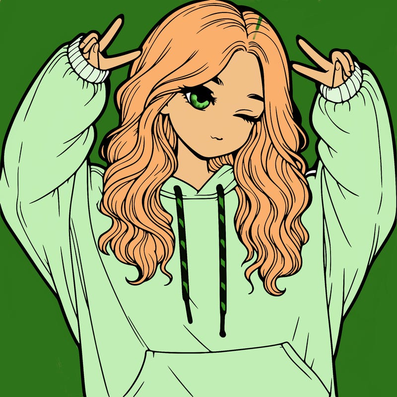 a realistic girl with wavy hair in an oversized sweatshirt doing the ✌️