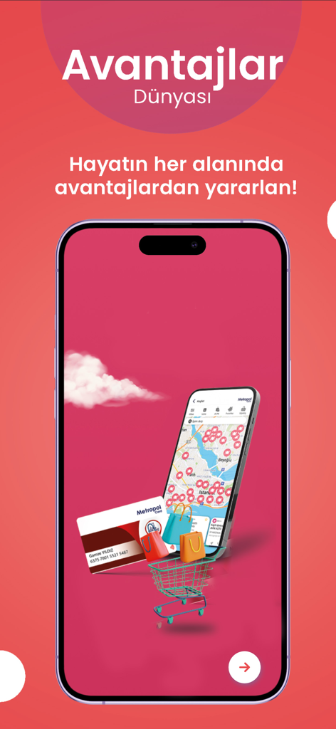 MetropolCard Kullanıcı - Pantalla de la aplicación MetropolCard mostrando un mapa de comercios locales y beneficios de compra