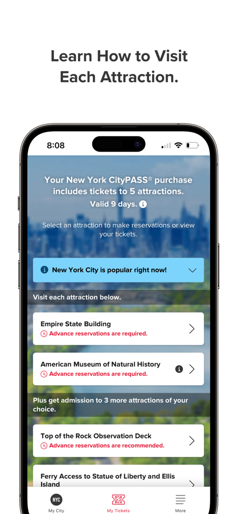 My CityPASS - Smartphone screen displaying My CityPASS app with New York City attractions and reservation info
