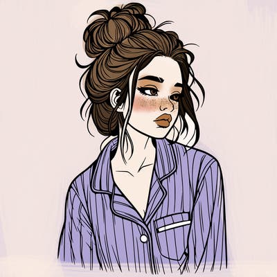 realistic woman with pajamas on and a messy bun