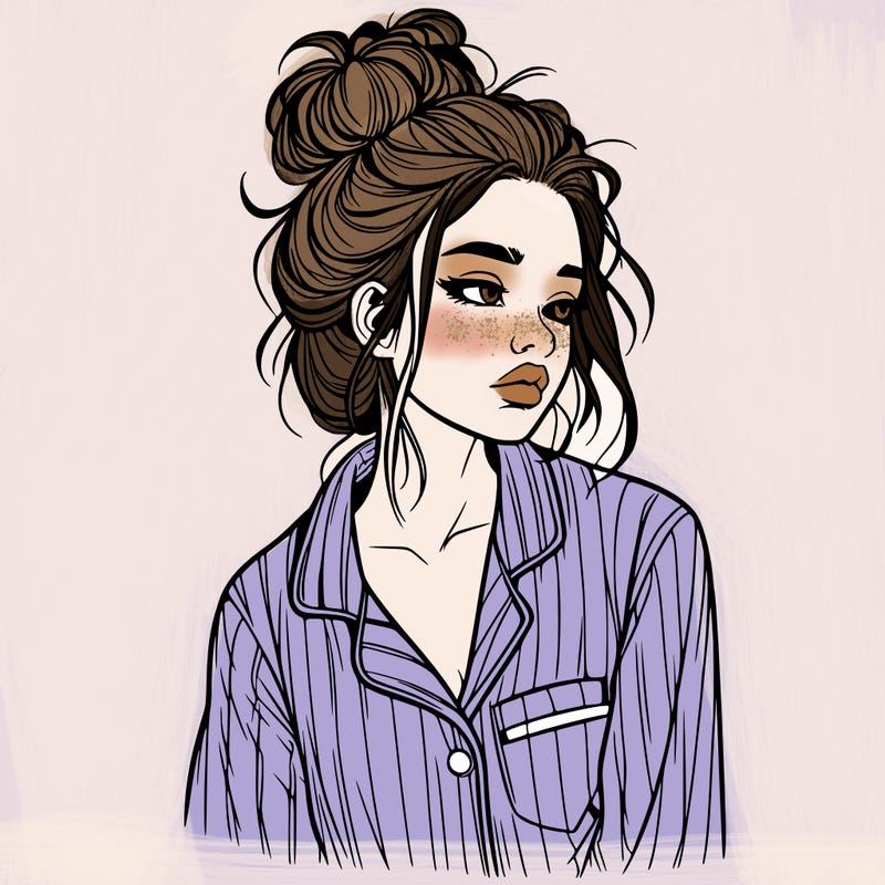realistic woman with pajamas on and a messy bun