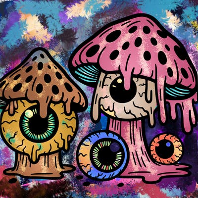 large trippy melting mushrooms, large eyeballs melting