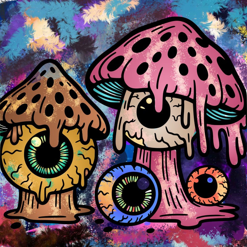 large trippy melting mushrooms, large eyeballs melting