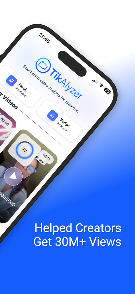 TikAlyzer: Go Viral Faster - TikAlyzer app dashboard showing AI video analysis tools and performance scores for creators