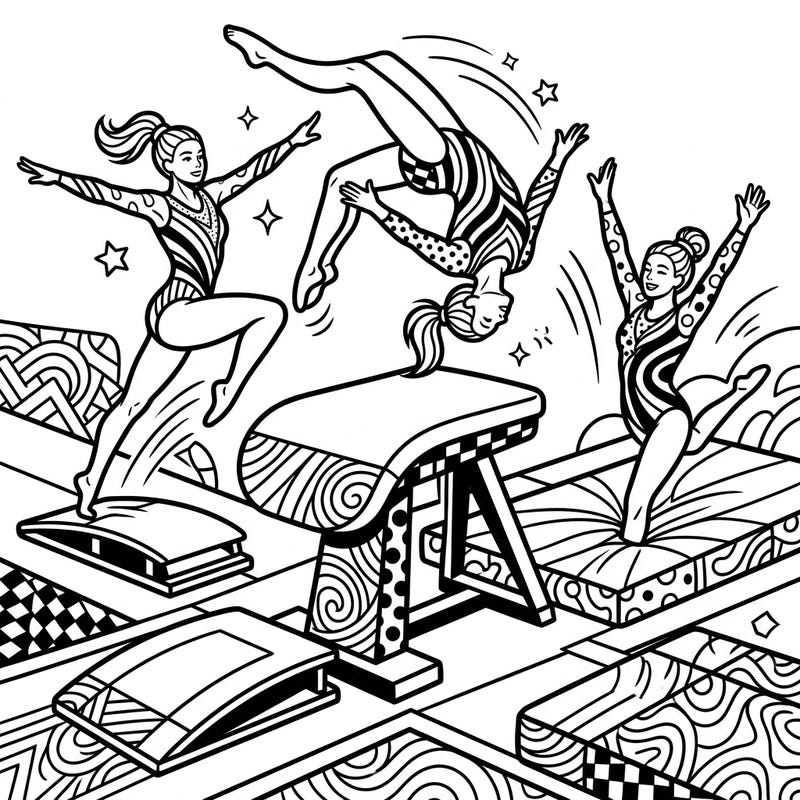 Get ready to flip for this exciting Pop Art coloring page featuring powerful vault gymnasts! Experience the vibrant energy and bold designs of the gymnastic world, perfect for artists of all ages.