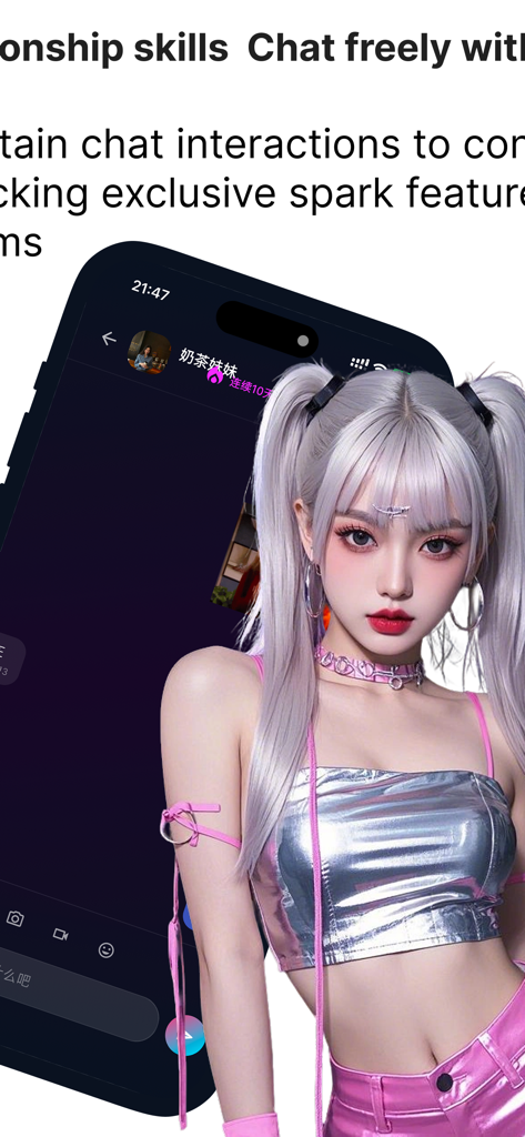Spark - AI Metaverse Dating - Um avatar de IA com cabelo prateado ao lado de um smartphone exibindo a interface de chat do aplicativo de namoro Spark