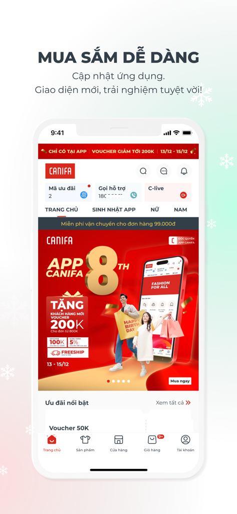Canifa - Canifa mobile shopping app home screen featuring 8th anniversary promotions and fashion vouchers