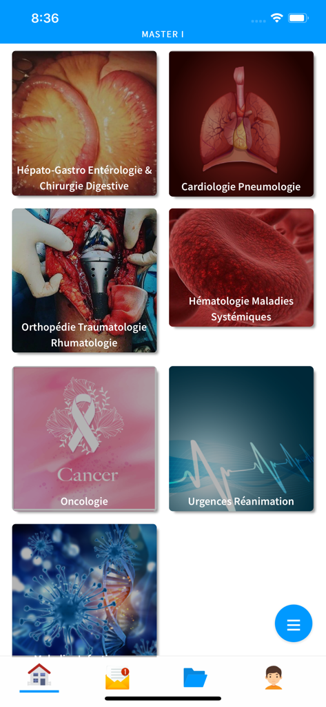 Manuel Universitaire - Ein Raster von medizinischen Studienmodulen, einschließlich Kardiologie und Onkologie in der Manuel Universitaire App.