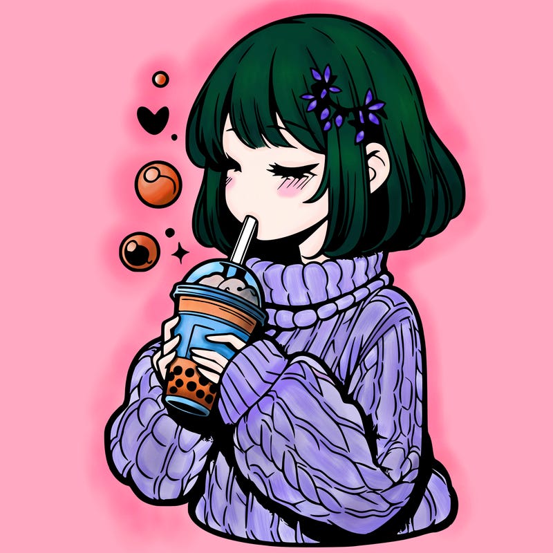 manga girl drinking boba in cozy sweater