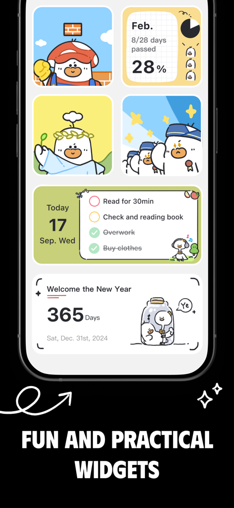 A collection of cute and colorful iOS productivity widgets featuring a duck character and task lists.