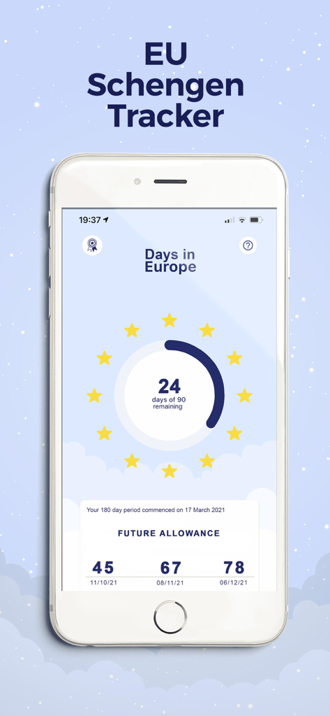 Ovrnite, The Tax Residency App - Ovrnite app interface showing a dashboard for tracking days in the EU Schengen area with 24 days of 90 remaining