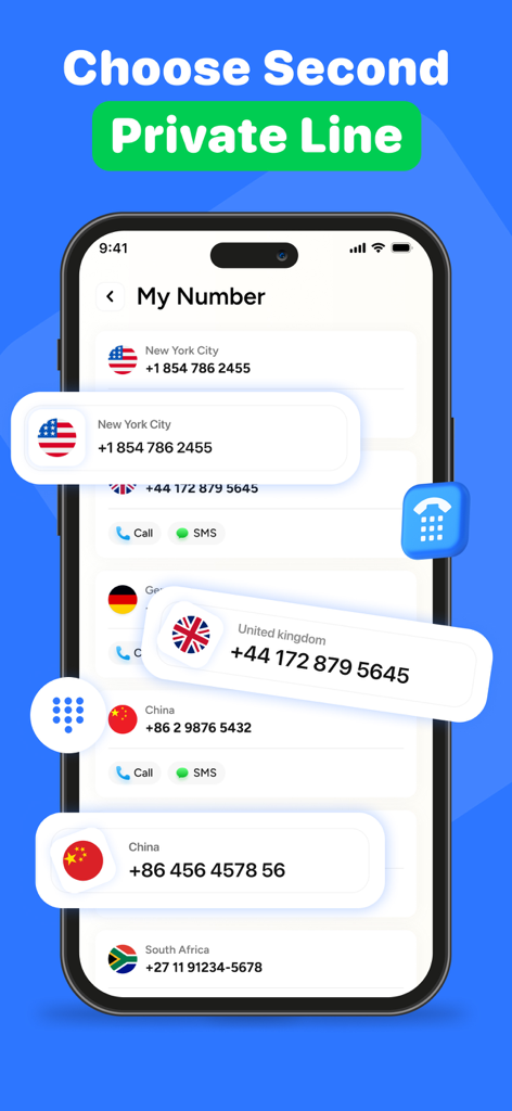 Tela do aplicativo mostrando uma lista de números de telefone internacionais privados para seleção.