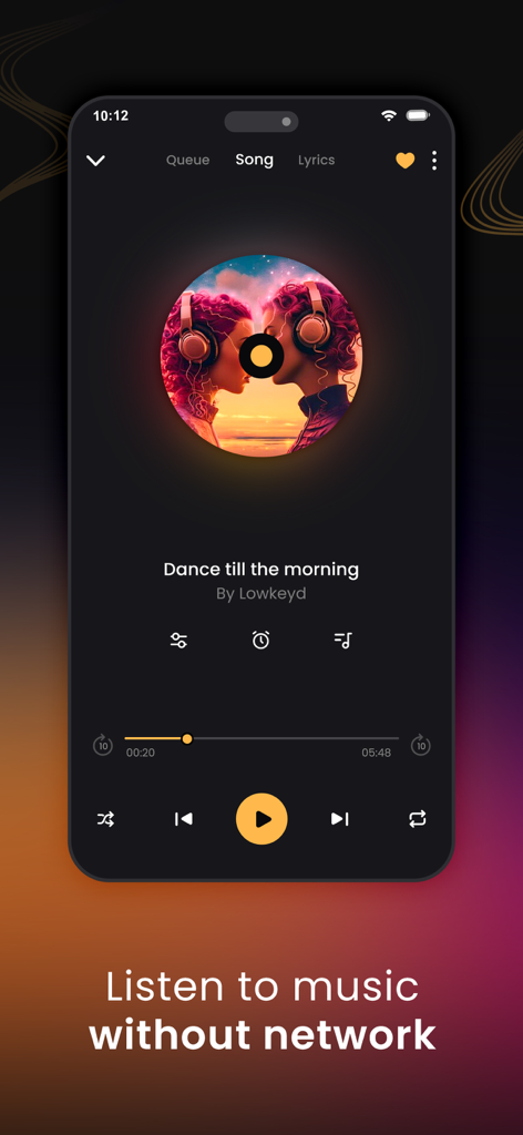 Music Player & MP3 Player ‣ - Interfaz de un reproductor de música MP3 que muestra la pantalla de reproducción para escuchar sin conexión.