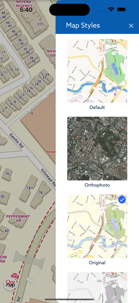 OneMap SG - OneMap SG app interface showing various map style options including Default, Orthophoto, and Original.