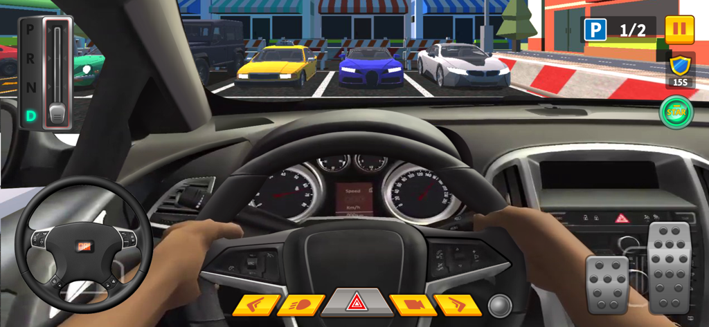 Visão em primeira pessoa do interior de um carro e painel em um jogo de simulador de estacionamento