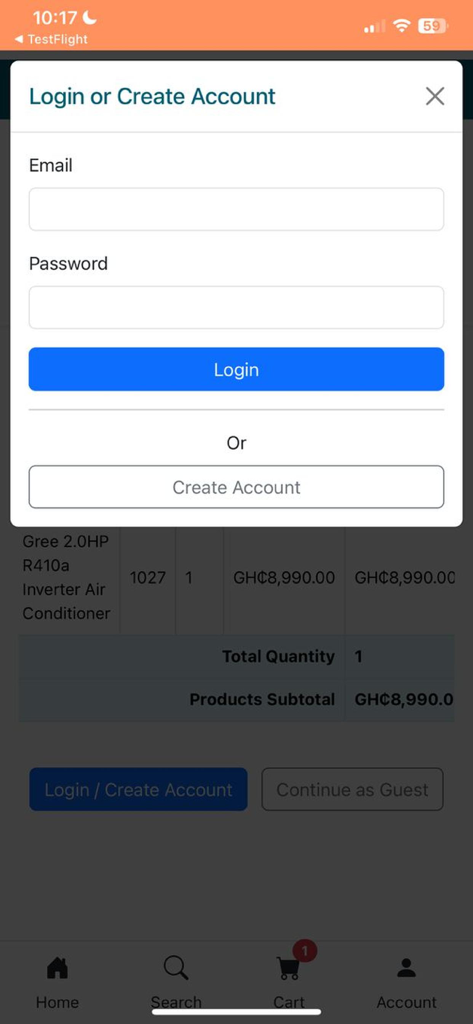 QuickBuy Online - Login and account creation pop up window on the QuickBuy Online mobile app