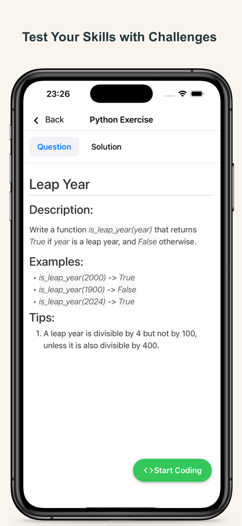 A Python coding exercise screen showing a leap year programming challenge with a description and logic tips.