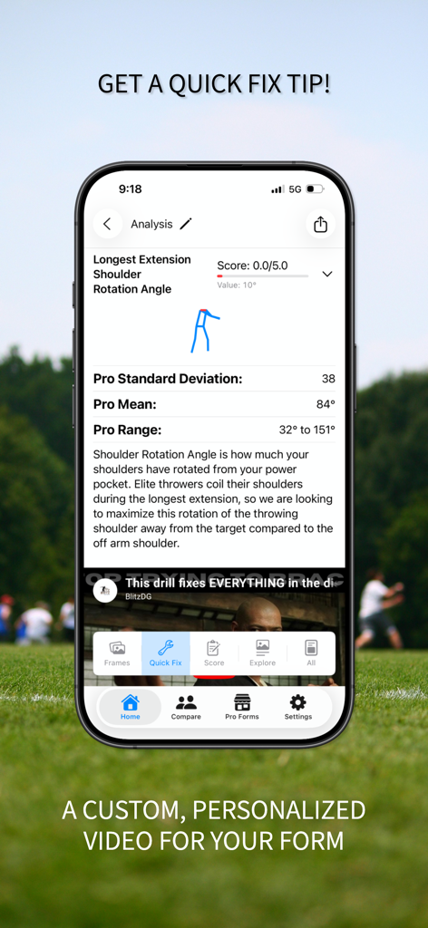 Disc.ai - Disc.ai app screen showing shoulder rotation analysis and a personalized training video tip