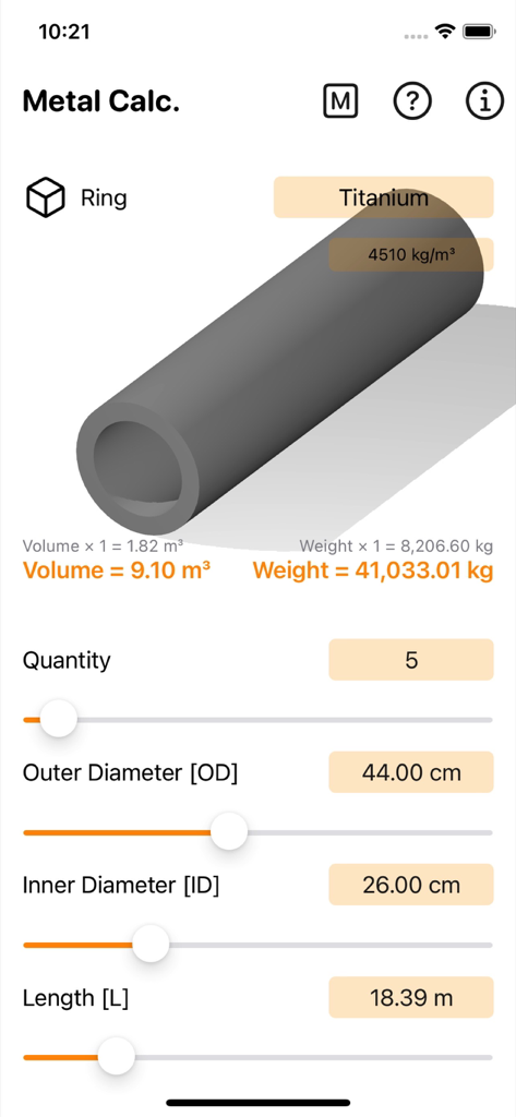 Interface de l'application Metal Calculator Plus montrant les calculs de volume et de poids pour cinq anneaux en titane en unités métriques