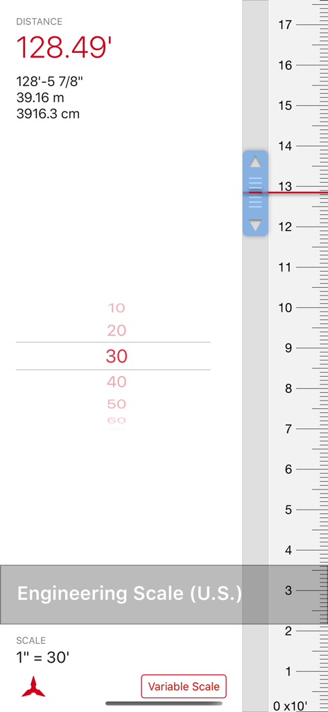 Scala Architectural Scale - Scala Architectural Scale app interface showing an engineering scale measurement of 128.49 feet with secondary metric unit conversions.