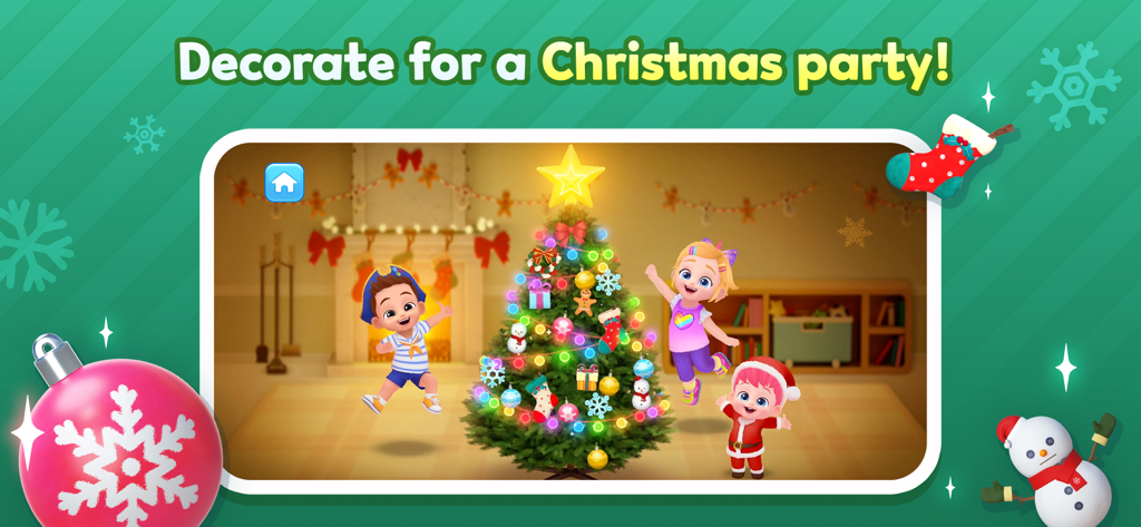 Personajes de Bebefinn decorando un árbol de Navidad en una pantalla de juego temática festiva