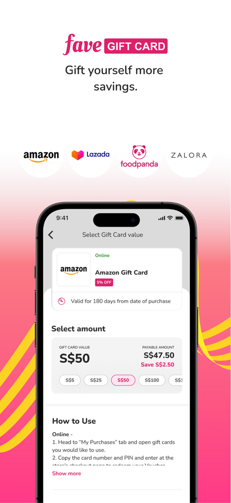 Fave app interface showing how to purchase discounted gift cards for brands like Amazon and Foodpanda