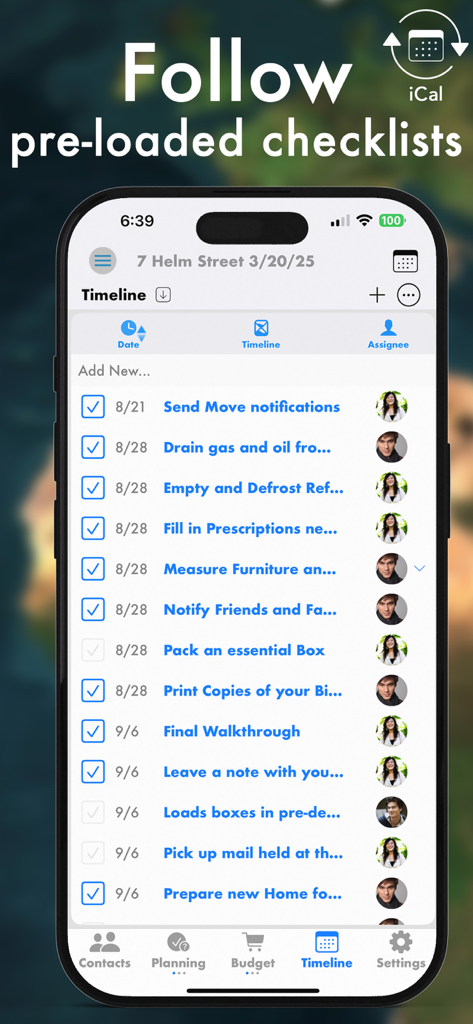 Pro Moving Planner - A smartphone displaying a moving timeline with tasks and assigned team members in the Pro Moving Planner app.