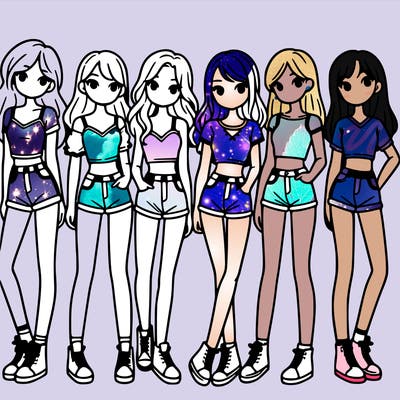 a group of girls wearing crop tops and shorts