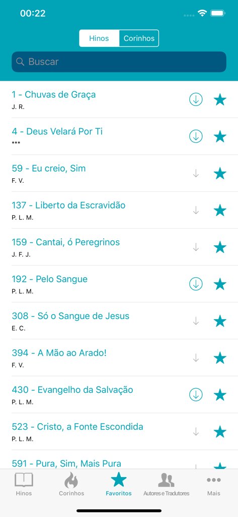 Harpa Cristã Com Áudios - A list of favorite hymns in the Harpa Cristã mobile app.