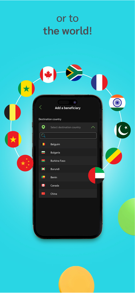 illicocash - Mobile screen of the illicocash app showing a list of international destination countries for global money transfers.