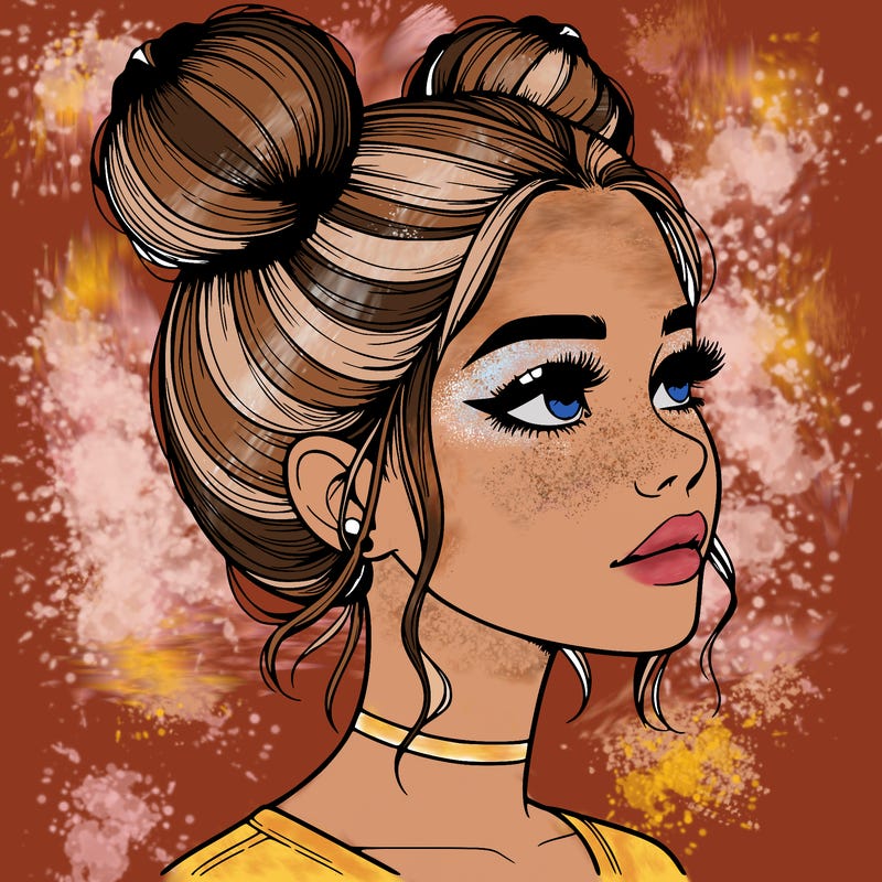 realistic girl with buns on the top of her head