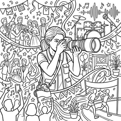 Embark on an exciting coloring journey with this detailed Event Photography scene, where a skilled photographer captures the heart of various celebrations. This intricate page offers a fantastic way to explore the energy and emotion of live events through your artistic touch.